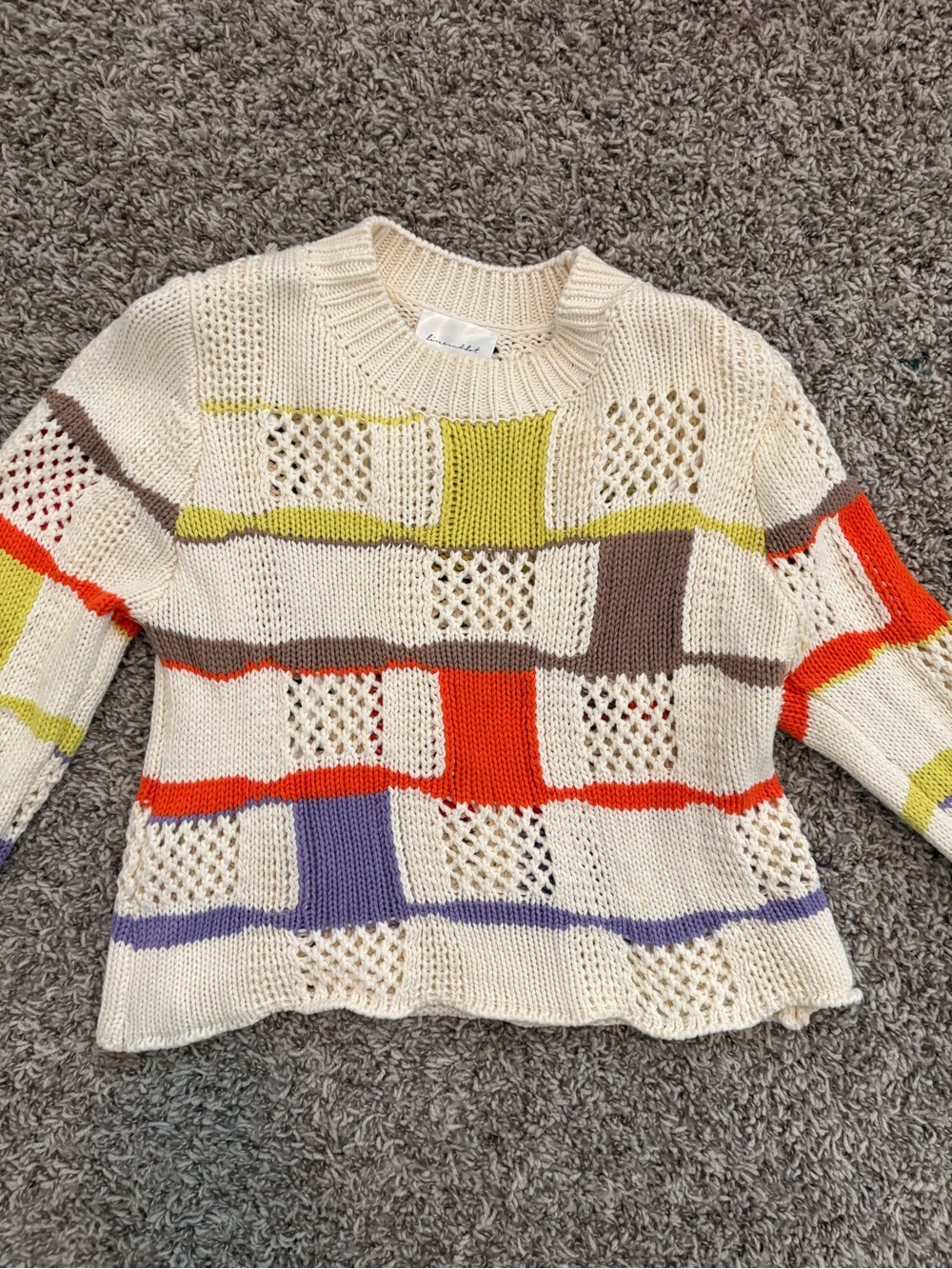 Line & Dot Cream Open-Knit Crewneck Sweater with Multicolor Patch Stripes